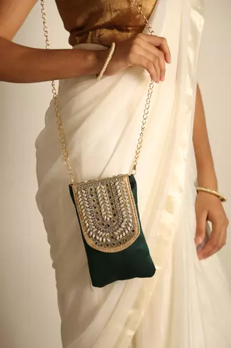 Green satin sling bag