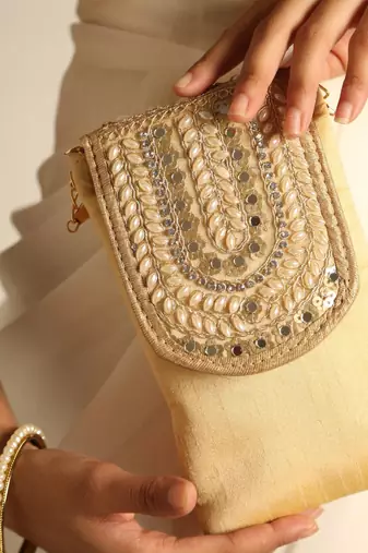 Beige satin sling bag