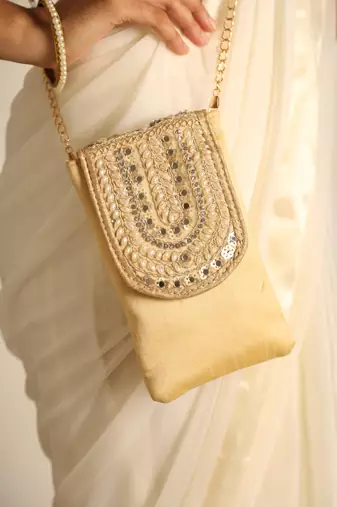 Beige satin sling bag