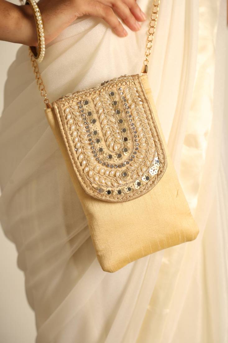 Beige satin sling bag