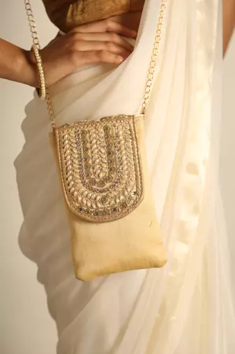 Beige satin sling bag