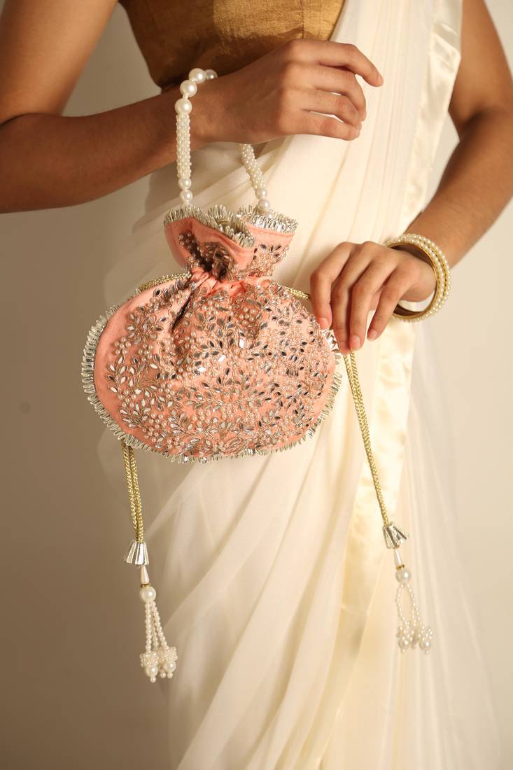 Peach satin potli bag