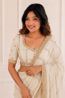 graceful white embroidery work with real bits work fendy satin indian designer wedding saree 3