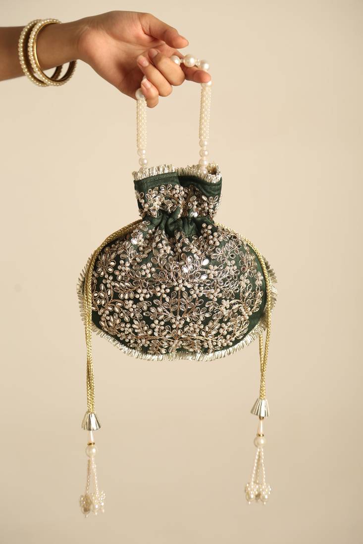 Green satin potli bag