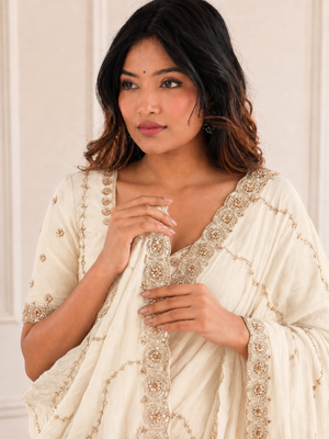 graceful white embroidery work with real bits work fendy satin indian designer wedding saree 4