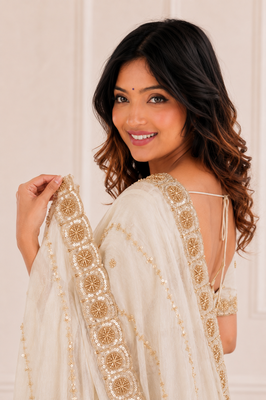 graceful white embroidery work with real bits work fendy satin indian designer wedding saree 5