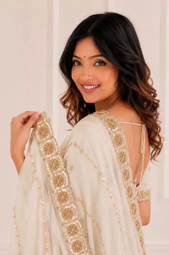 graceful white embroidery work with real bits work fendy satin indian designer wedding saree