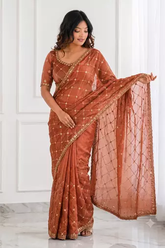 charming rust orange embroidery work with real bits work fendy satin indian designer saree
