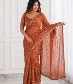charming rust orange embroidery work with real bits work fendy satin indian designer saree