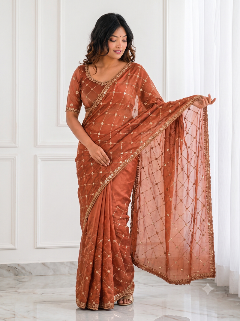 charming rust orange embroidery work with real bits work fendy satin indian designer saree