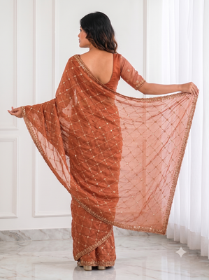 charming rust orange embroidery work with real bits work fendy satin indian designer saree 2