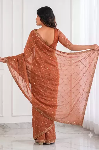 charming rust orange embroidery work with real bits work fendy satin indian designer saree