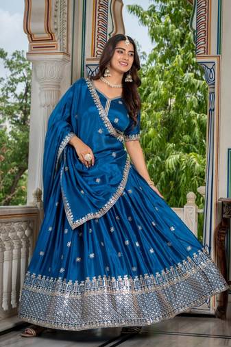 Steel Rama Sequined Lehenga Choli with dupatta