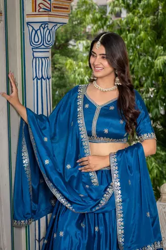 Steel Rama Sequined Lehenga Choli with dupatta
