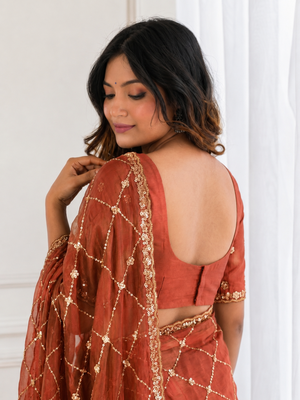 charming rust orange embroidery work with real bits work fendy satin indian designer saree 3