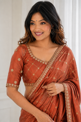 charming rust orange embroidery work with real bits work fendy satin indian designer saree 4