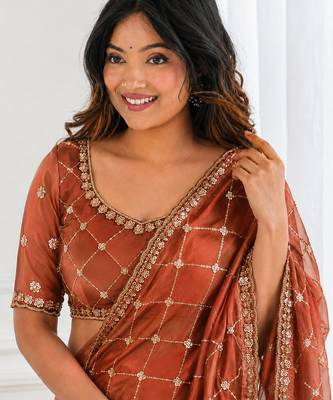 charming rust orange embroidery work with real bits work fendy satin indian designer saree 5