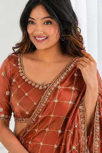 charming rust orange embroidery work with real bits work fendy satin indian designer saree