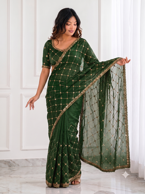 colorful bottle green embroidery work with real bits work fendy satin indian ceremonian saree 1