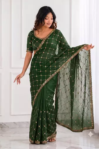 colorful bottle green embroidery work with real bits work fendy satin indian ceremonian saree