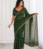 colorful bottle green embroidery work with real bits work fendy satin indian ceremonian saree
