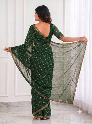 colorful bottle green embroidery work with real bits work fendy satin indian ceremonian saree 2