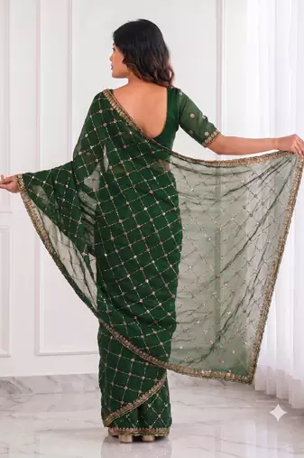 colorful bottle green embroidery work with real bits work fendy satin indian ceremonian saree