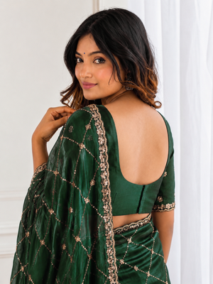 colorful bottle green embroidery work with real bits work fendy satin indian ceremonian saree 4