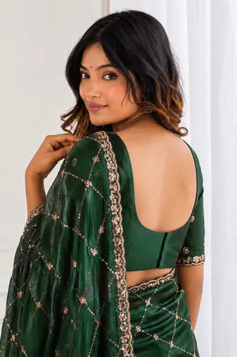 colorful bottle green embroidery work with real bits work fendy satin indian ceremonian saree