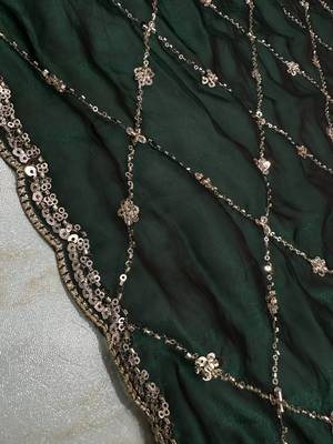 colorful bottle green embroidery work with real bits work fendy satin indian ceremonian saree 5