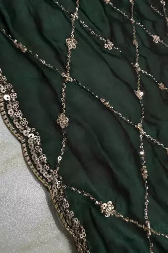 colorful bottle green embroidery work with real bits work fendy satin indian ceremonian saree