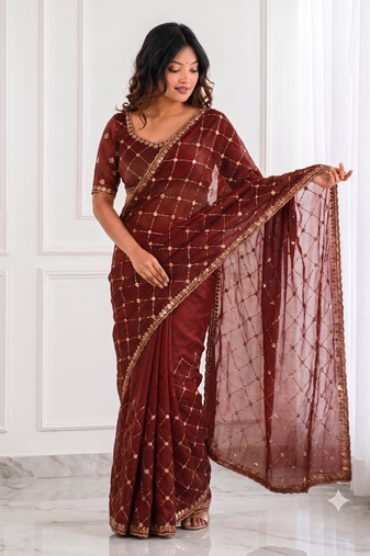 comely maroon embroidery work with real bits work fendy satin indian designer bollywood saree