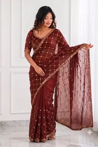 comely maroon embroidery work with real bits work fendy satin indian designer bollywood saree