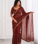 comely maroon embroidery work with real bits work fendy satin indian designer bollywood saree