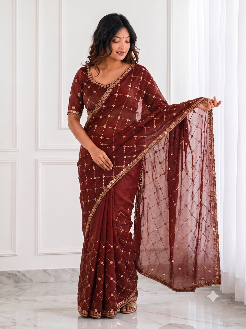 comely maroon embroidery work with real bits work fendy satin indian designer bollywood saree