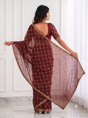 comely maroon embroidery work with real bits work fendy satin indian designer bollywood saree 2