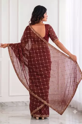 comely maroon embroidery work with real bits work fendy satin indian designer bollywood saree
