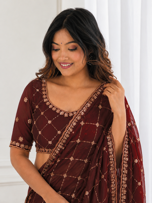comely maroon embroidery work with real bits work fendy satin indian designer bollywood saree 3