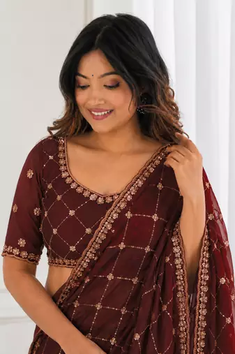 comely maroon embroidery work with real bits work fendy satin indian designer bollywood saree