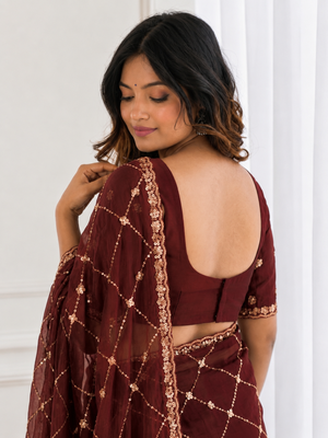 comely maroon embroidery work with real bits work fendy satin indian designer bollywood saree 4