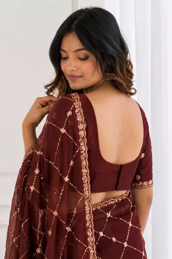comely maroon embroidery work with real bits work fendy satin indian designer bollywood saree