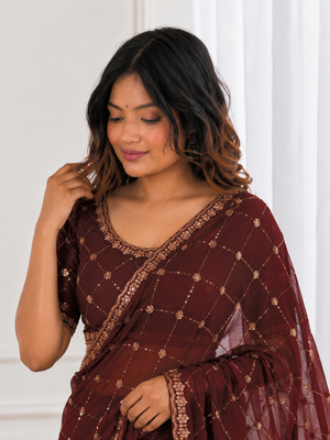 comely maroon embroidery work with real bits work fendy satin indian designer bollywood saree 5