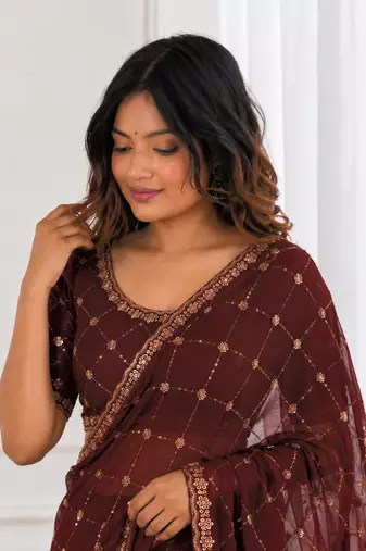 comely maroon embroidery work with real bits work fendy satin indian designer bollywood saree