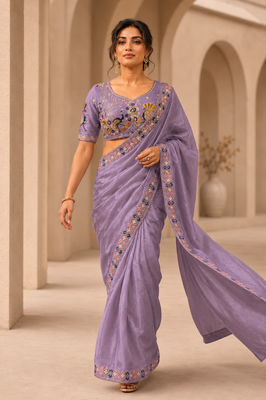 attractive lavender embroidery work with real bits work fendy satin indian wedding saree 1