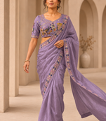 attractive lavender embroidery work with real bits work fendy satin indian wedding saree