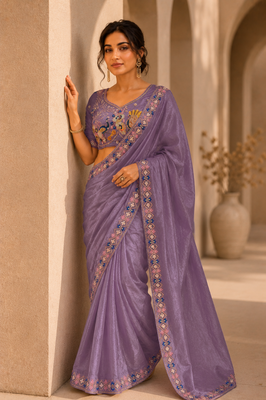 attractive lavender embroidery work with real bits work fendy satin indian wedding saree 2