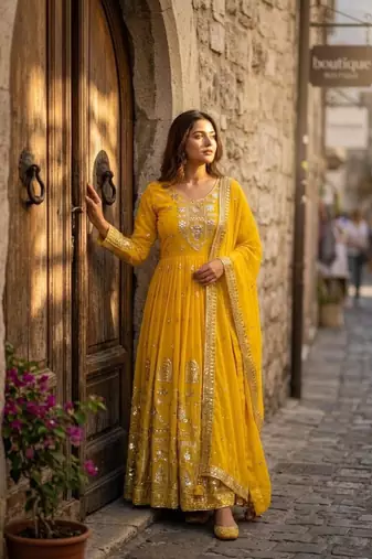 Yellow faux georgette embroidered flared gown set