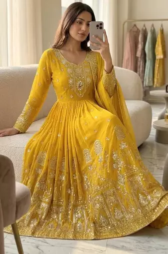 Yellow faux georgette embroidered flared gown set