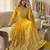 Yellow faux georgette embroidered flared gown set