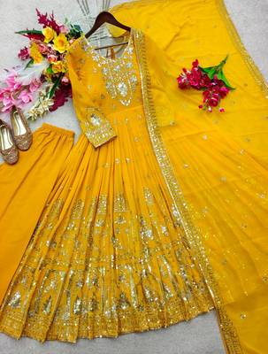 Yellow faux georgette embroidered flared gown set 4